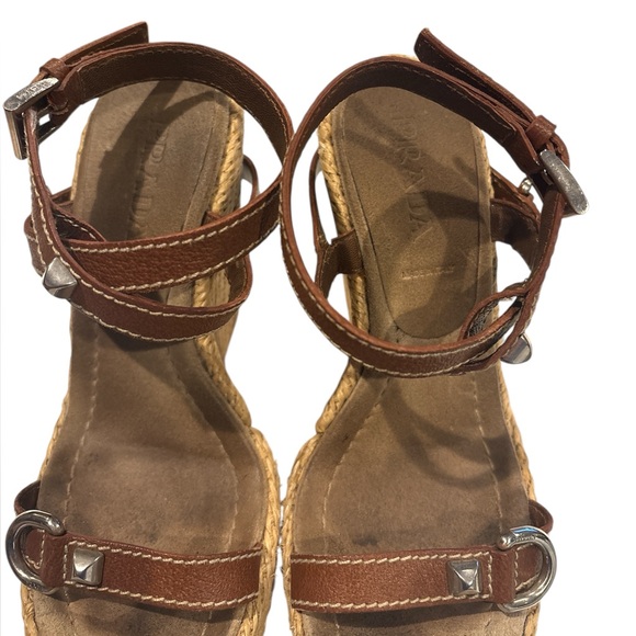 Prada Espadrille Platform Wedge Tan Leather Straps Silver Hardware Size 6 35.5 - Picture 2 of 6